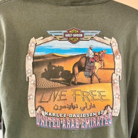 Harley-Davidson XL Green Henley Long Sleeve Shirt W/ UAE Live Free Graphic - Picture 3 of 7